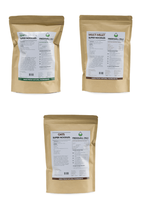 Back labels of Super Noodles – Leafy Green, Multi Millet, and Oats with ingredients and nutrition info