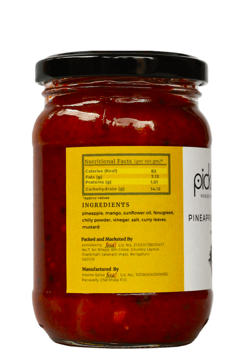 Nutritional label on Pickleberry Pineapple-Mango Pickle jar, providing detailed health and dietary information.