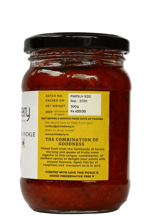 Side view of Pickleberry Pineapple-Mango Pickle jar with a bold label displaying the ingredients and product details.