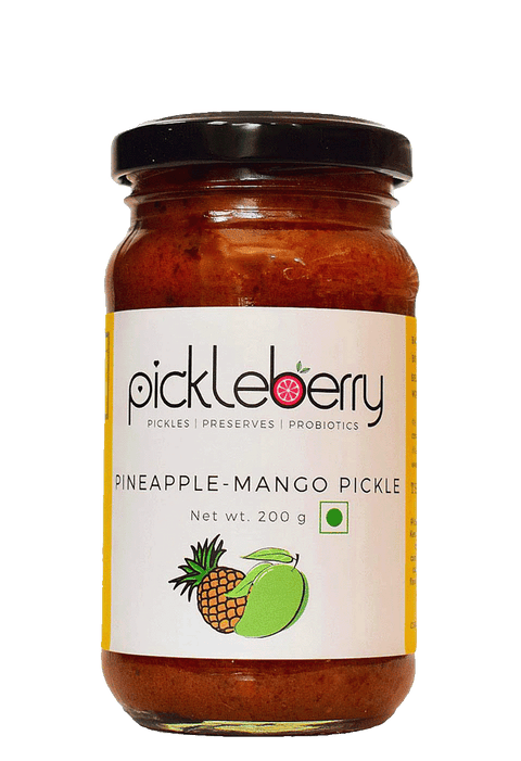 Pickleberry Pineapple-Mango Pickle jar, 200g, with a vibrant label highlighting tropical pineapple and mango.