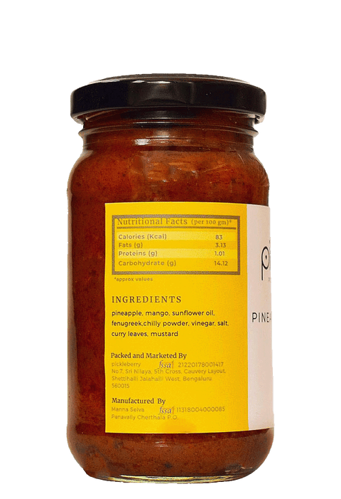 Back view of Pickleberry Pineapple-Mango Pickle jar, highlighting storage instructions and quality assurance.