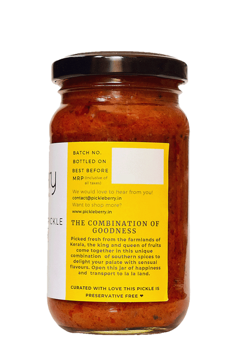 Close-up of the ingredients and nutritional label on Pickleberry Pineapple-Mango Pickle jar, ensuring transparency & trust.