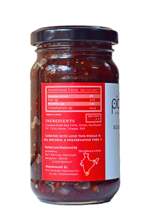 Roasted Red Chilli Pickle jar – Ingredients and probiotic benefits label view