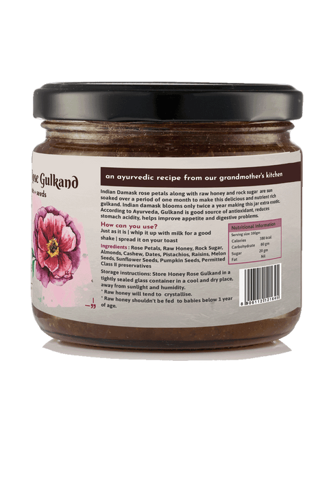 Honey Rose Gulkand back label – product information, ingredients, and nutritional facts