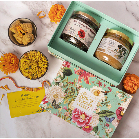 Floral Raksha Bandhan gift box with Honey Rose Gulkand and Forest Honey jars