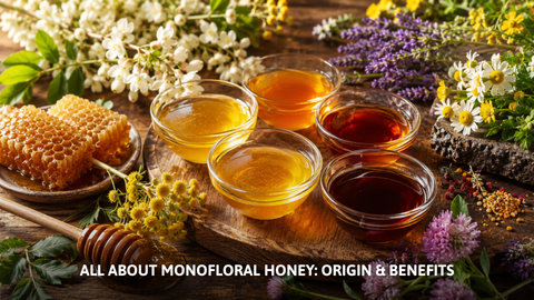 Bowls of different colored raw monofloral honey with fresh honeycomb and natural flowers