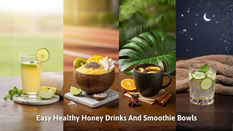 Summary collage of seasonal honey drinks and smoothie bowls shown in the "10 Easy Recipes"