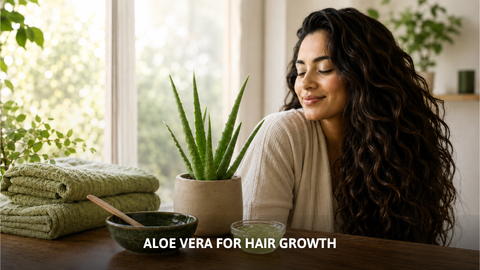 Woman with long curly hair next to fresh plant, showing aloe vera for hair growth.