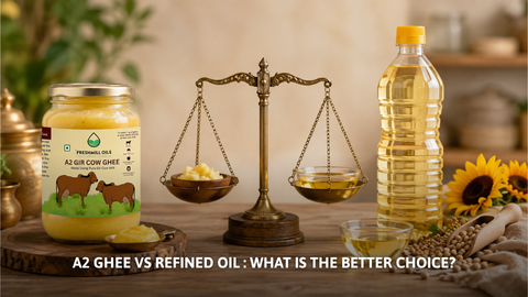A2 cow ghee vs refined oil on a weighing scale for health comparison