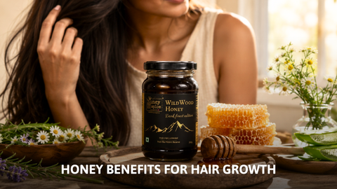 Woman with long hair beside a jar of Honey and Spice Wild Wood Honey showcasing natural hair growth.
