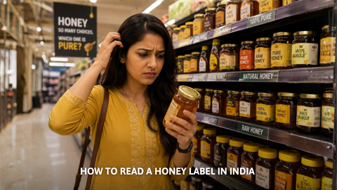 Discover how to read honey labels in India and spot pure, unadulterated honey. Learn about FSSAI, Agmark, and NMR testing to avoid fake honey.