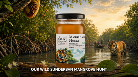 Honey and Spice Mangrove Honey jar in a lush Sunderban forest with a Royal Bengal Tiger.