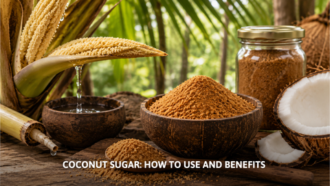 Coconut blossom sap dripping into a wooden bowl next to natural coconut sugar.