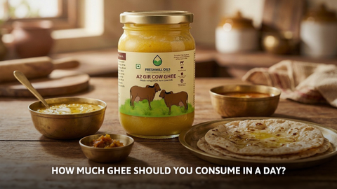 A2 Gir Cow Ghee jar by Freshmill Oils on a table for optimal daily consumption.