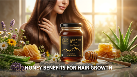 Woman with long hair beside a jar of Honey and Spice Wild Wood Honey showcasing natural hair growth.