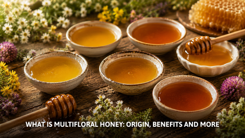 Bowls of raw multifloral honey varieties on a wooden table.