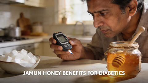 Man testing blood sugar next to a jar of Jamun honey, highlighting its lower glycemic index.