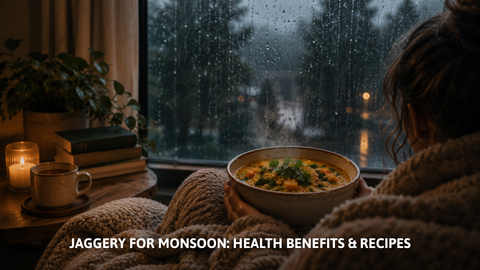 Woman wrapped in blanket looking at rain, holding a warm bowl of monsoon food