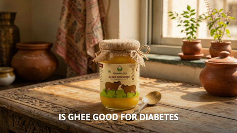 A jar of Freshmill Oils A2 Gir Cow Ghee on a table discussing if ghee is good for diabetes.