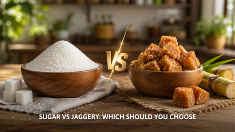 Bowl of white sugar vs jaggery cubes with sugarcane for natural sweetener choice