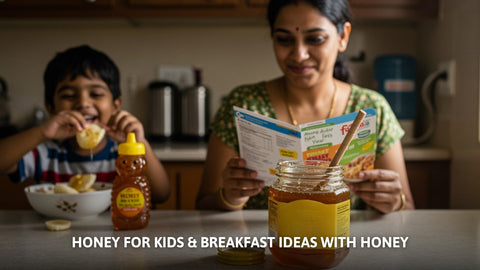 aw honey for kids: Mom and son enjoying healthy breakfast ideas with honey.