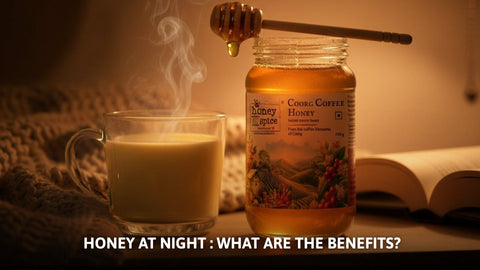 Coorg Coffee honey jar, warm mug, and a book for a cozy nighttime routine to explore honey at night benefits.