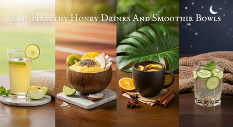 Summary collage of seasonal honey drinks and smoothie bowls shown in the "10 Easy Recipes"