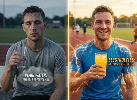 Split screen comparing a tired man drinking plain water to an energized man drinking an honey electrolyte drink.