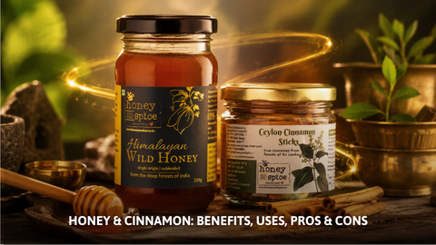 Himalayan Wild Honey & Ceylon Cinnamon jars. Text: Honey & Cinnamon Benefits.