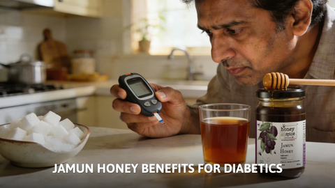 Man testing blood sugar next to a jar of Jamun honey, highlighting its lower glycemic index.