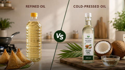 Side-by-side comparison of refined oil and natural cold-pressed coconut oil.