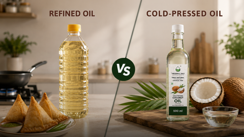 Side-by-side comparison of refined oil and natural cold-pressed coconut oil.