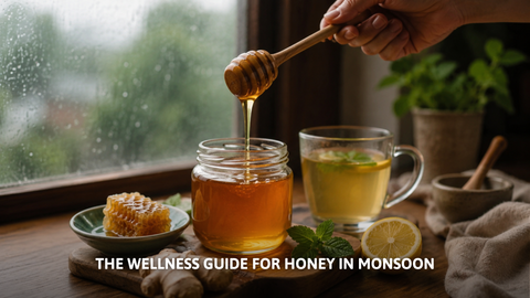 Pouring raw honey from a wooden dipper into a glass jar.