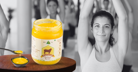 A2 ghee benefits for wellness Bilona-made A2 ghee jar with a yoga pose in the background, highlighting digestion, energy, and holistic health.