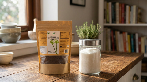 Pack of organic natural jaggery powder next to a glass jar of refined white sugar on a wooden kitchen counter.