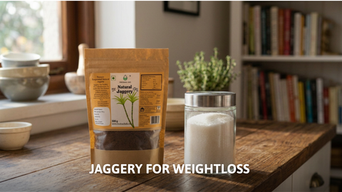 Pack of organic natural jaggery powder next to a glass jar of refined white sugar on a wooden kitchen counter.
