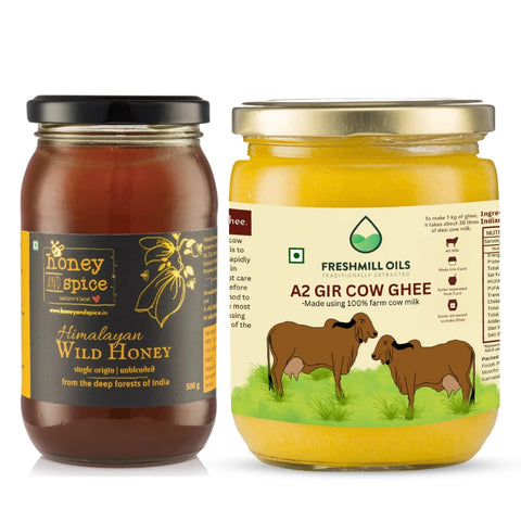 A2 देसी गाय का घी (500 मिली) और हिमालयन जंगली शहद (500 ग्राम) + प्राकृतिक गुड़ (1 किग्रा) निःशुल्क