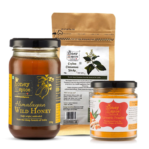 Winter Wellness Trio- Himalayan Wild Honey(250 gms), Ceylon Cinnamon Sticks(50 gms), Turmeric Powder (250 gms)