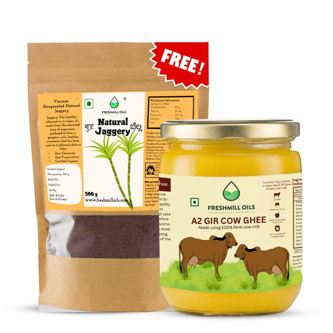 A2 देसी गाय का घी (500 मिली.) और प्राकृतिक गुड़ (1 किग्रा.)