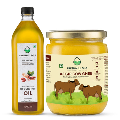 A2 देसी गाय का घी (500 मिली.) और मूंगफली का तेल (1 लीटर)