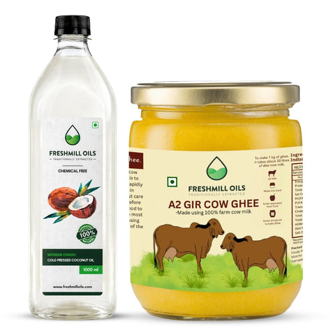 A2 देसी गाय का घी (500ml) और नारियल तेल (1L)